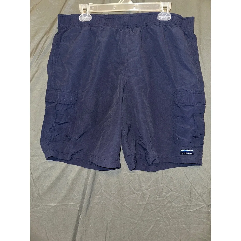 LL Bean Mens Navy Blue Cargo Swim Trunks Shorts Elastic Waist Size XL‎